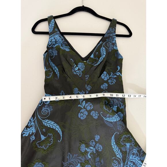 Anthropologie Blue Green Embroidered Brocade Fit & Flare Floral Mini Dress 0 - Picture 9 of 9
